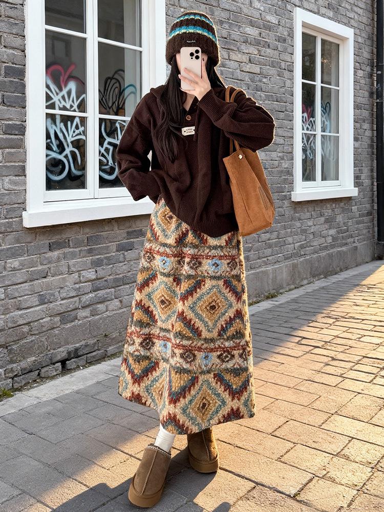 Women's Fair Isle Retro Polar Fleece Mid-Length Umbrella Skirt for Autumn/Winter