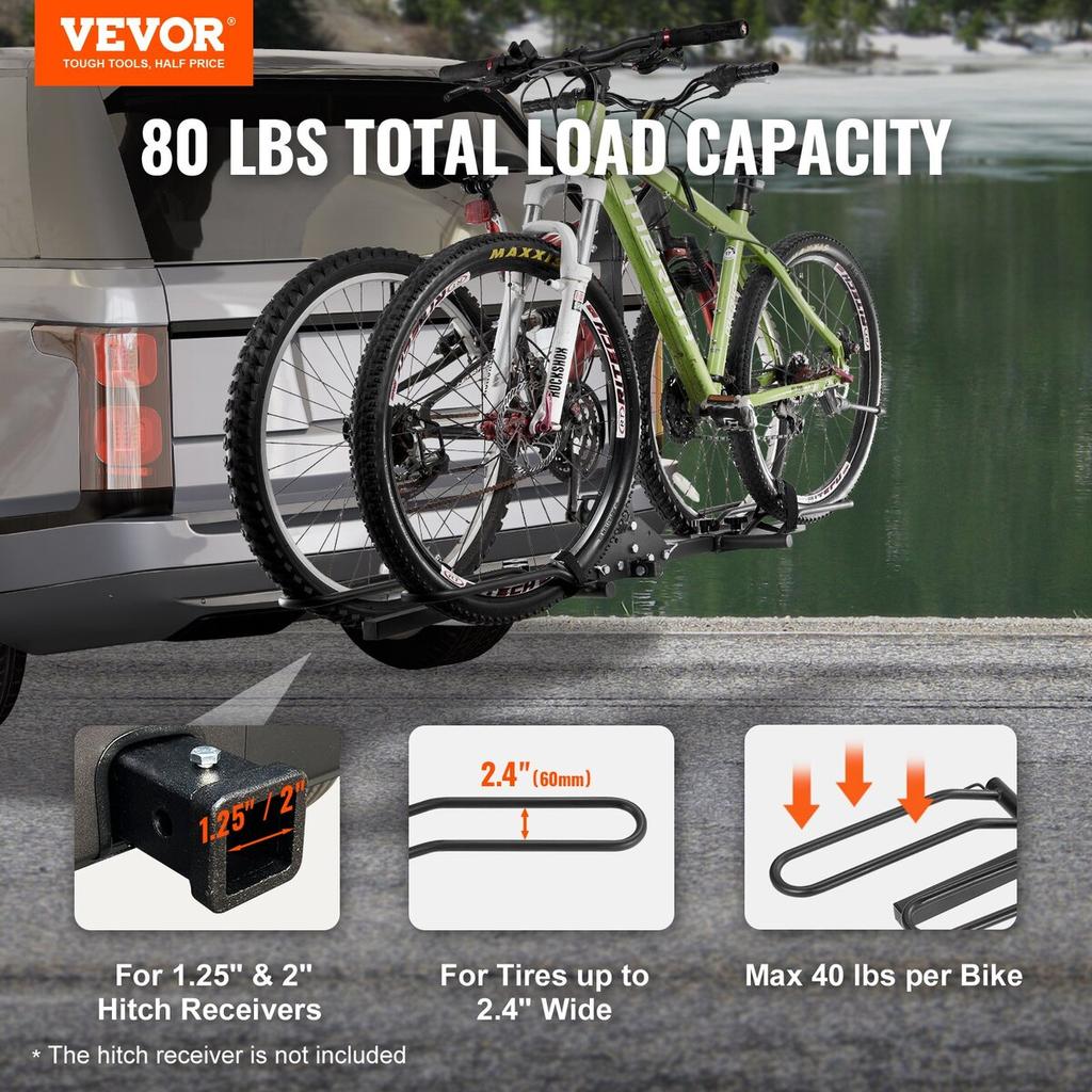 Fahrradträger für Anhängerkupplung, Plattformstil für 2 Fahrräder, Maximale Tragfähigkeit 80 LBS Fahrradträger Anhängerkupplung für 1,25-/2-Zoll-Empfänger, Kippbarer und faltbarer Fahrradträger mit