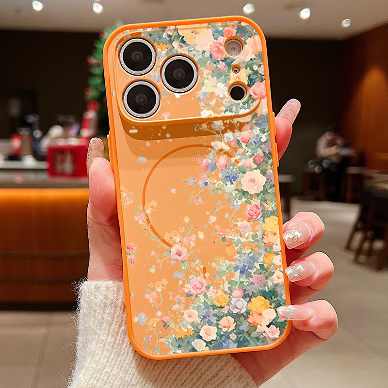 Colorful Rose Pattern Magnetic Phone Case For iPhone 17 Pro 16 15 14 13 Pro Max For Magsafe Wireless Charge Lens Protect Cover