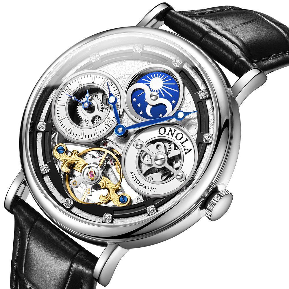 Fashion ONOLA Men Automatic Mechanical Watch Men Stainless Steel Skeleton Wristwatch Men Leather Strap Watch