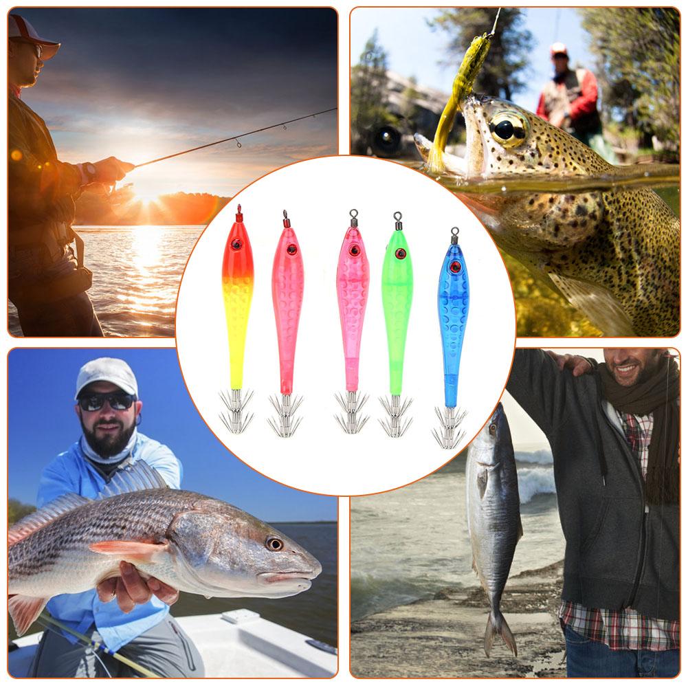 5 Pcs Luminous Squid Jigs Artificial Fishing Lures with 2 Layer Hooks Fish Tackle Accessories