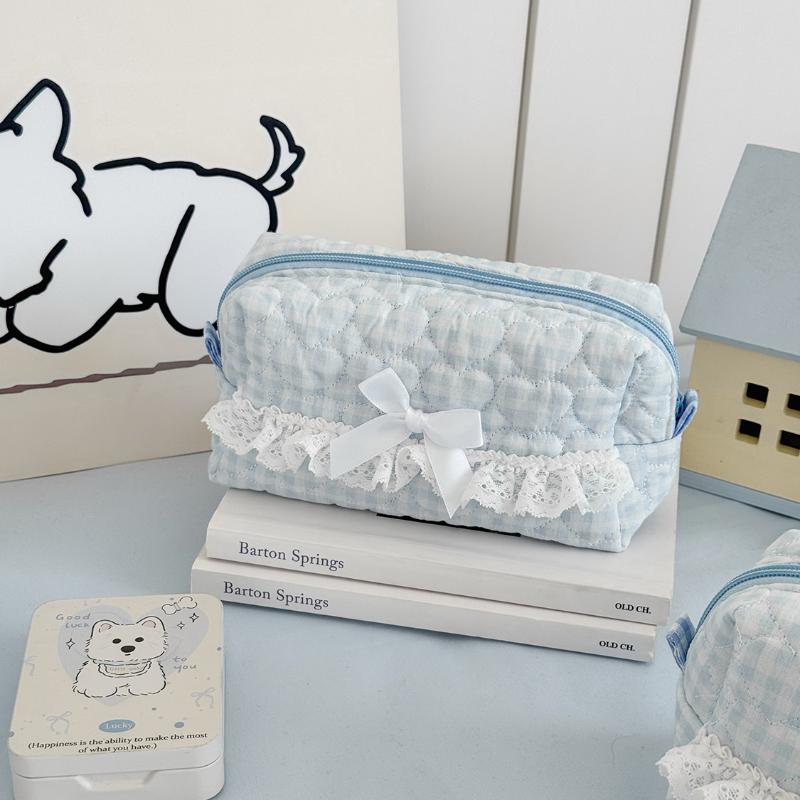 Rosa och Blårutat Spets Pennfodral Sött Vadderat Design Stor Kapacitet Pappersvaror Organizer För Skola Kontorsmaterial Förvaring