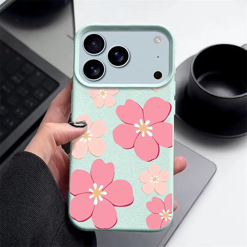 Fresh Style Cherry Blossom Pattern Case For iPhone 17 Pro Max Leather Texture Soft Silicone Cover For iPhone 16 15 14 13 Pro 12 11 16E Air