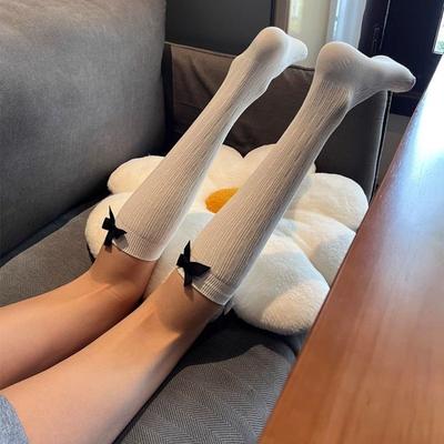 Black and White Bowknot Slimming Leg Long Tube Socks Spring Summer JK Girl Style Versatile Silk Stockings