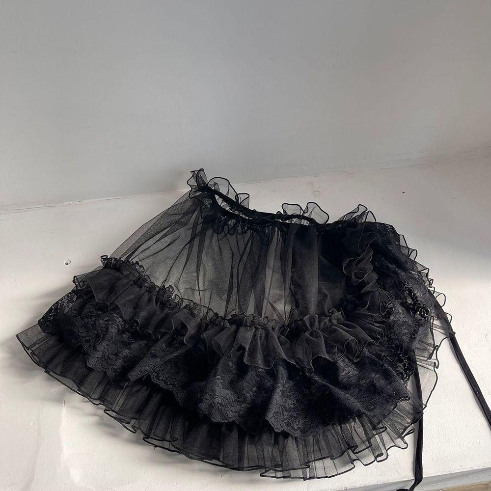White Black Lolita Short Shawl Lace Mesh Lolita Skirt Versatile French Style Smock  Women