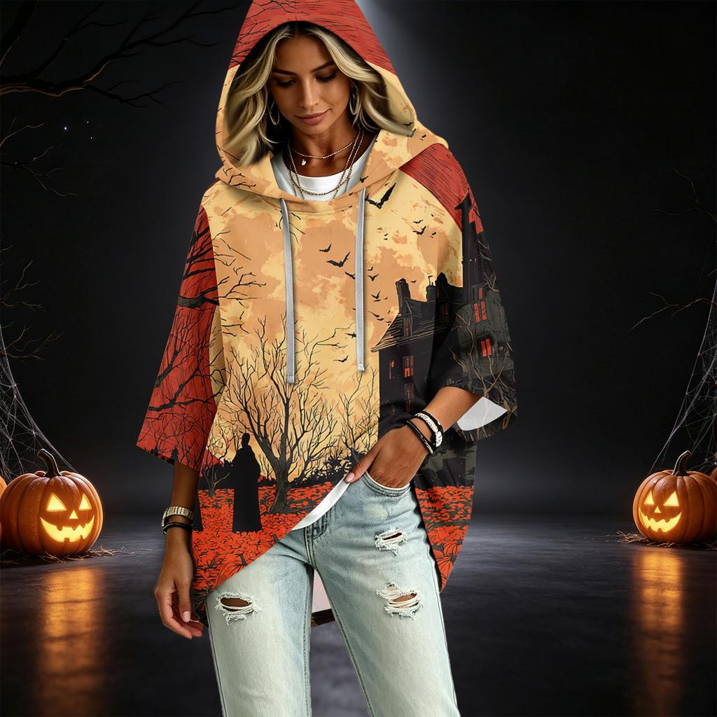 Women's Casual Three-Quarter Sleeve Halloween Print Hooded Pullover Top
