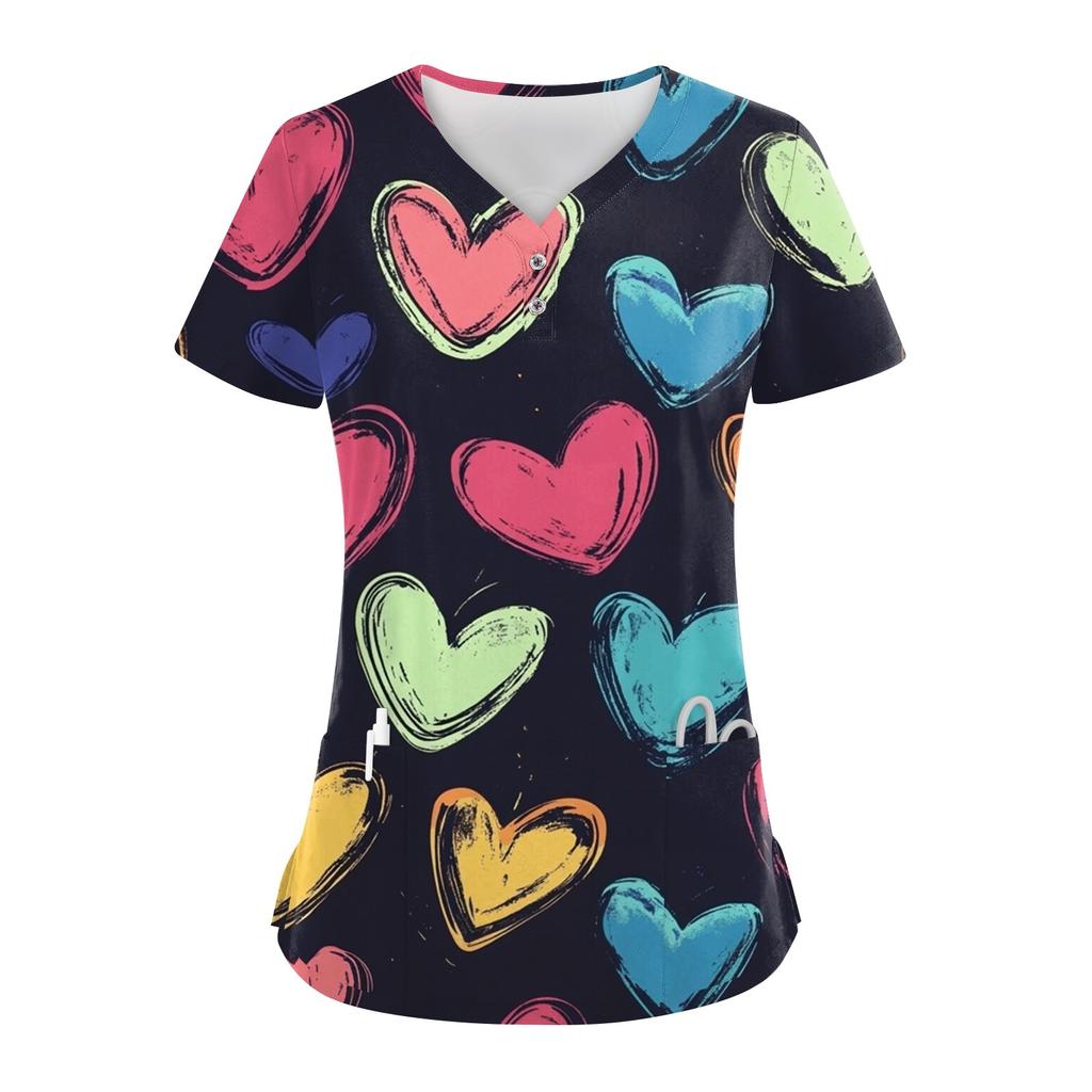 Damen-Oberteil mit Knopfleiste und V-Ausschnitt, modisch, lässig, mit Weihnachts- und Valentinstags-Print, Top für Krankenschwestern, Kasacks für Damen, 2 Taschen