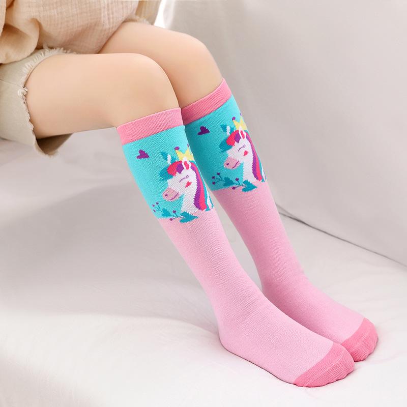 Mittelschlauchsocken für Mädchen im Alter von 3–12 Jahren, gerade Brettsocken, kniehohe lange Socken mit Einhorn-Cartoon, lange Kindersocken