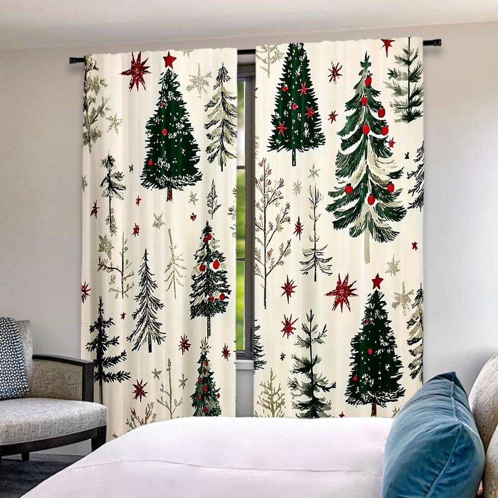 Set Of 2 Flat Printing High Quality Christmas Curtains Cartoon Tree Digital Printed Polyester Drapes Non Fading Festive Curtain Made