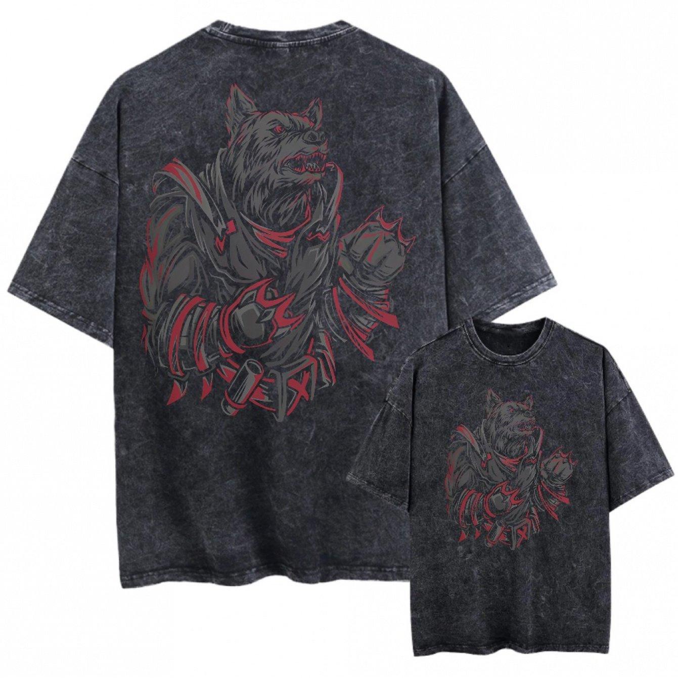 Unisex Retro Distressed Plus Size Black Short Sleeved Tshirt with Werewolf Theme Fashion Pattern Tshirt M