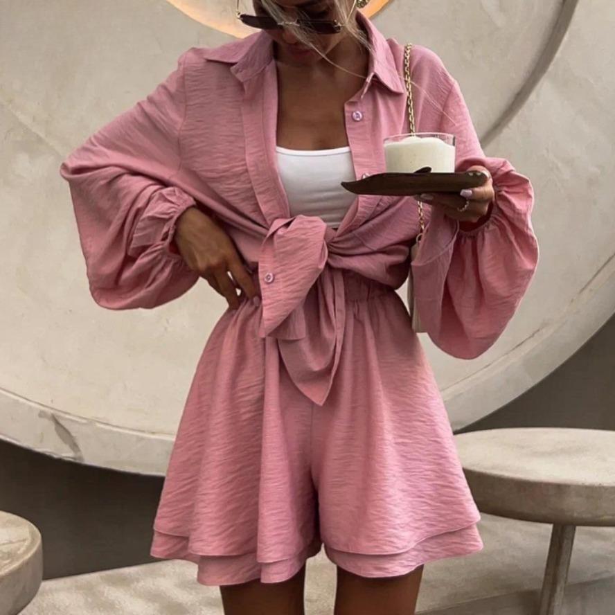 Dámská móda Ležérní Jednobarevné šortky s dlouhým rukávem POLO s výstřihem