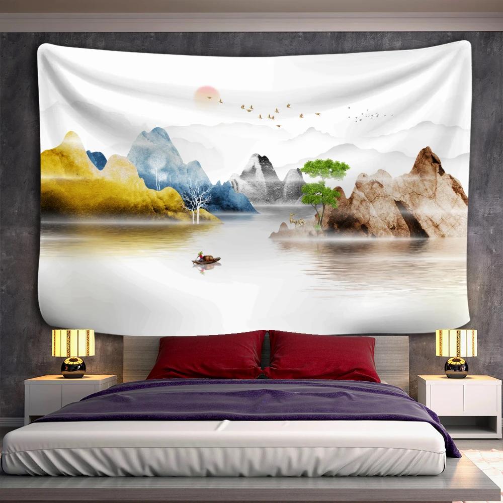 Sunset Mountain Forest Tapestry Wall Hanging Japanese Illustration Bohemian Witchcraft Hippie Mandala Home Decor