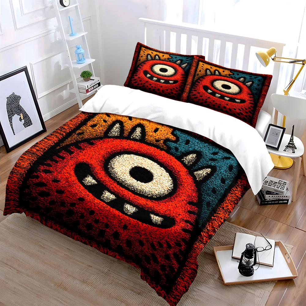 Cute Red Monster Cartoon Pattern Bedding Duvet Cover Set  (1*Duvet Cover 2*Pillowcases, without duvet insert)