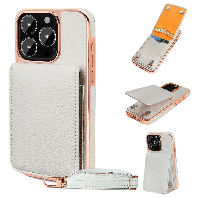 

VIETAO Card Holder PU Leather Phone Case With Long Crossbody Strap For iPhone 17/16/15/14/13 Pro Max, Air, Plating Phone Cover iPhone 14 Pro бежевий