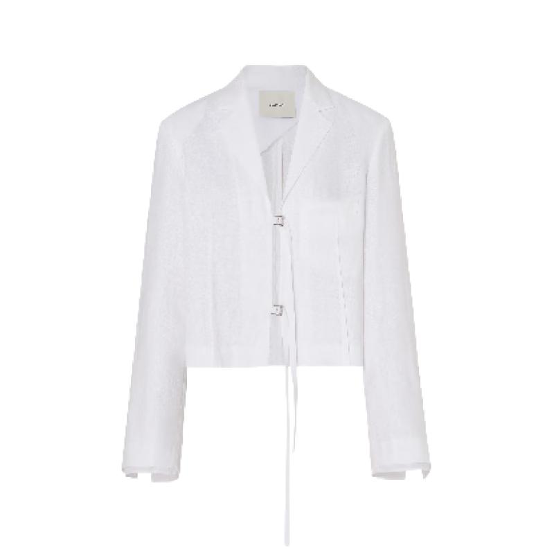 Женский укороченный льняной блейзер с завязками на талии