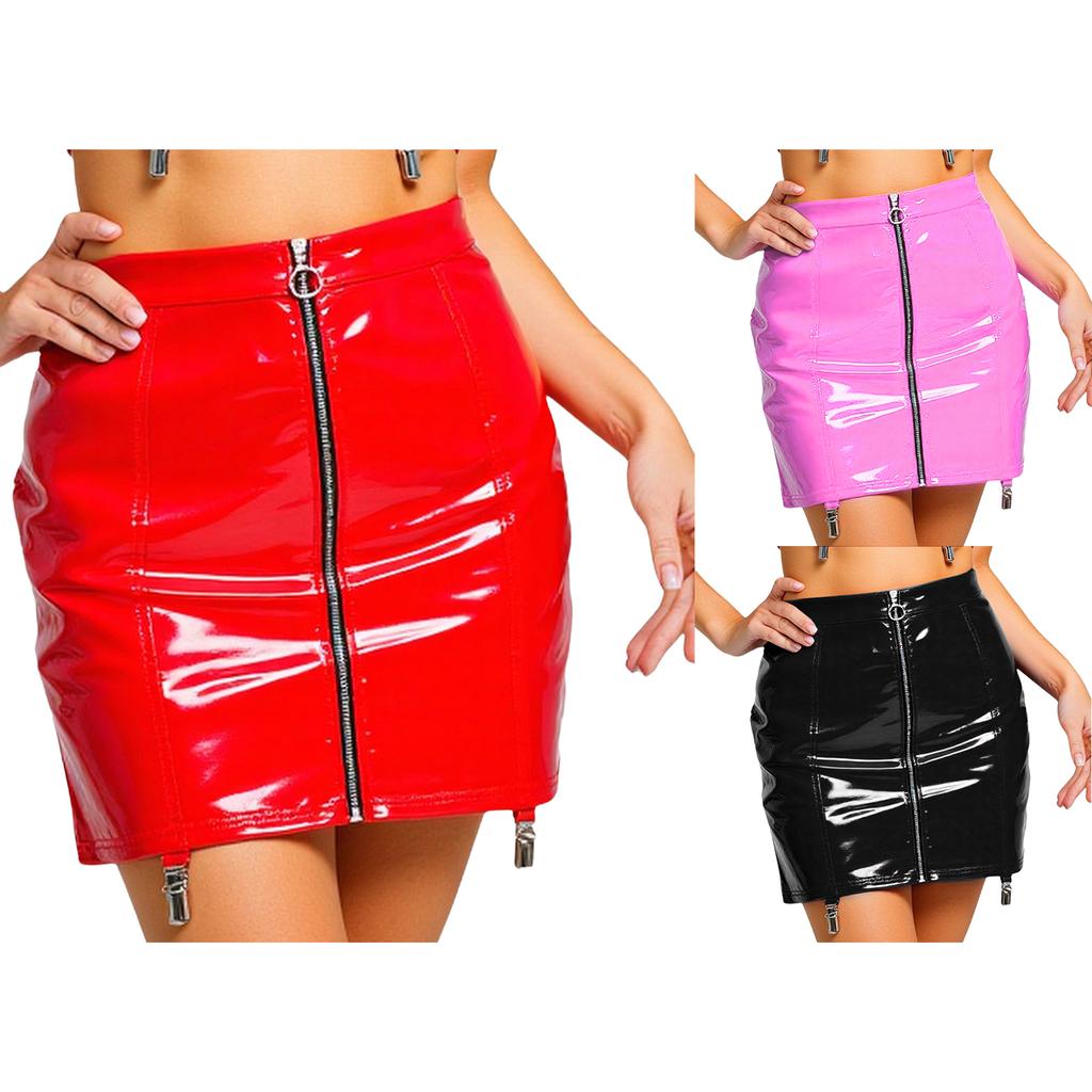 Womens Bodycon PU Skirt Floral Lace Patchwork Lace Up Clubwear Mini Skirt
