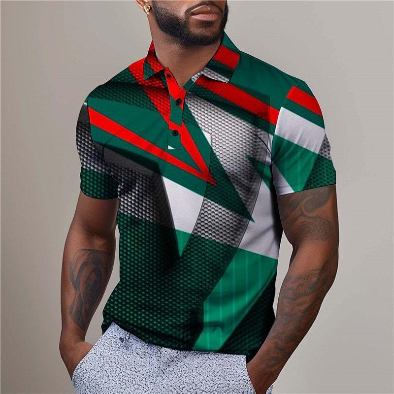 

men polo shirt short sleeve stripe 3d print tops fashion polyester breathable comfortable polos shirts 4XL