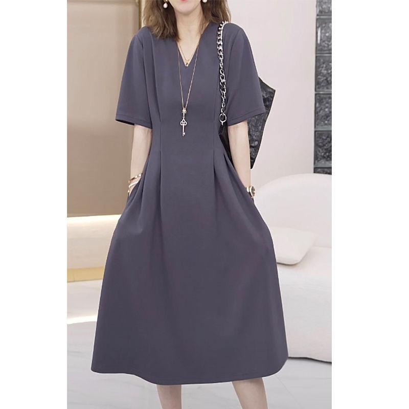 European summer chic design waist pinched small temperament dress fat mm thin large size knee casual skirt