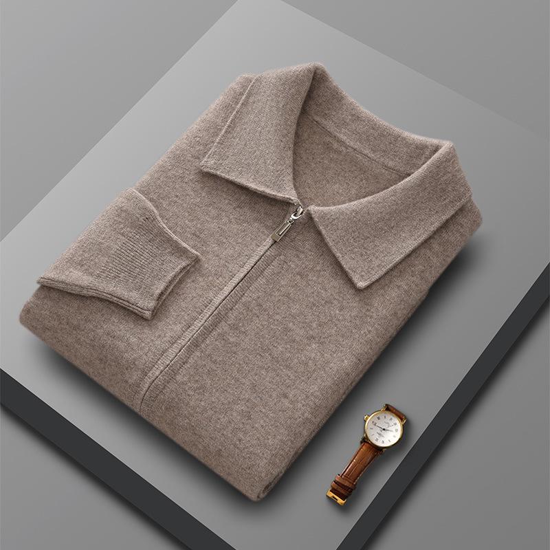 Men's 100% Pure Wool Knit Polo Collar Cardigan – Thickened, Fashionable, Zipper-Front Sweater for Business & Casual Wear.