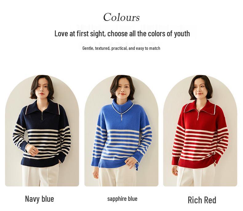 Cashmere Striped Zip-Up Lapel Sweater - New 2024 Autumn/Winter Korean Style Women's Knit Base Layer, Loose & Slimming Fit