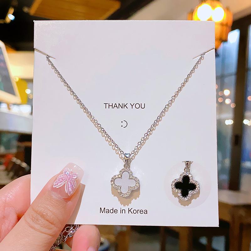 Fashion Commuter Double Sided Four Leaf Clover Zircon Pendant Clavicle Necklace For Women