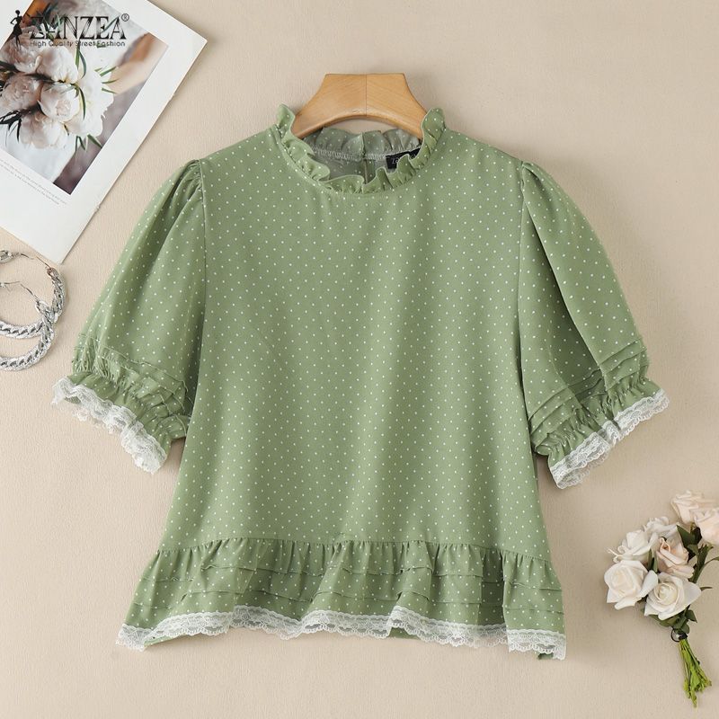 ZANZEA Women Casual Round Neck Polka Dot Print Short Sleeve Blouse