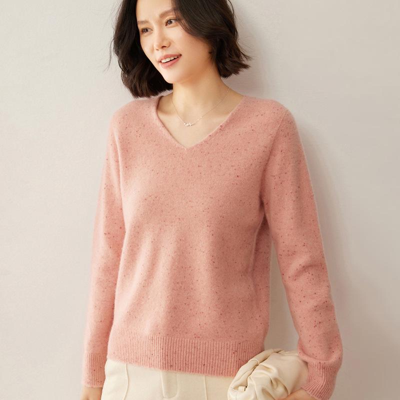 Nový luxusní svetr ze 100% čisté vlny s květinovým vzorem - Dámský korejský výstřih do V, silná a volná pletenina