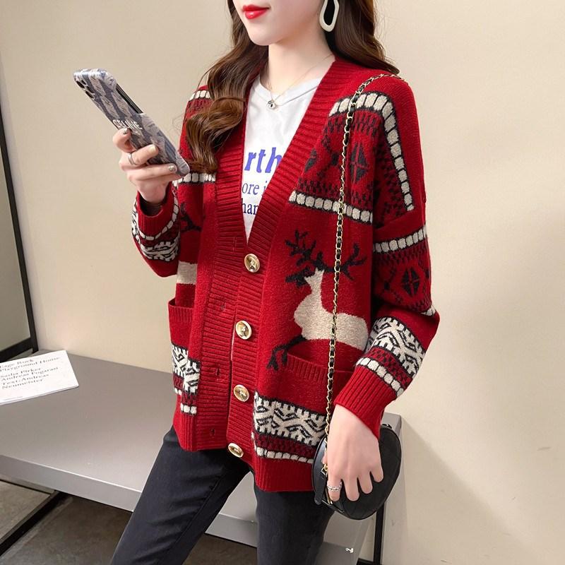 Women Fashion Sweater Jackets Deer Christmas Long Knit Coat Oversized Knit Sweater and Cardigans