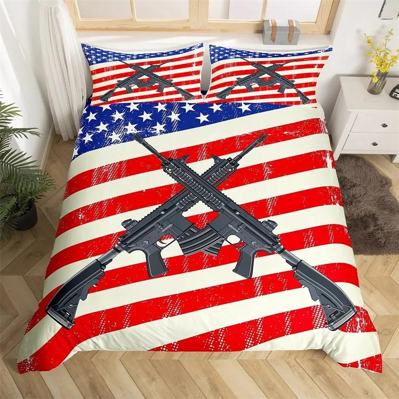 American Flag Duvet Cover Machine Gun Comforter  Bedding Sets,Girls Bed Supplies Set Duvet Cover Bed Comforter Set Bedding Set