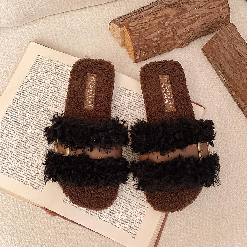

Thick-bottomed fluffy slippers women s autumn and winter outer wear 2025 new belt buckle curly hair cute outer wear one-word cotton mop 35