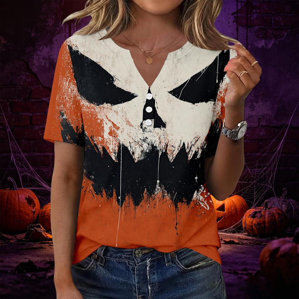 Women’s Fashion Casual Halloween Print V Neck Short Sleeve Decorative Button T Shirt Top for Autumn Daily Wear