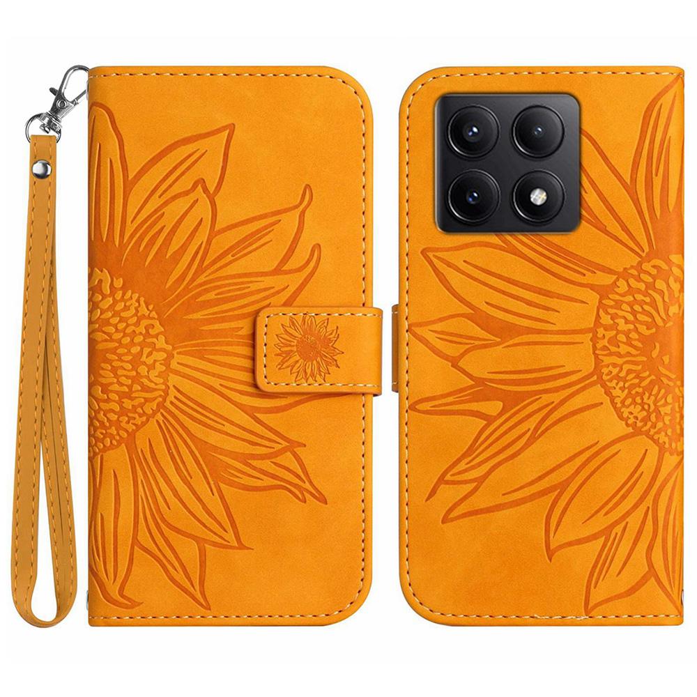 

HT04 For Xiaomi 14T Pro Case Sunflower Imprint Leather Wallet Phone Cover with Wrist Strap Yellow