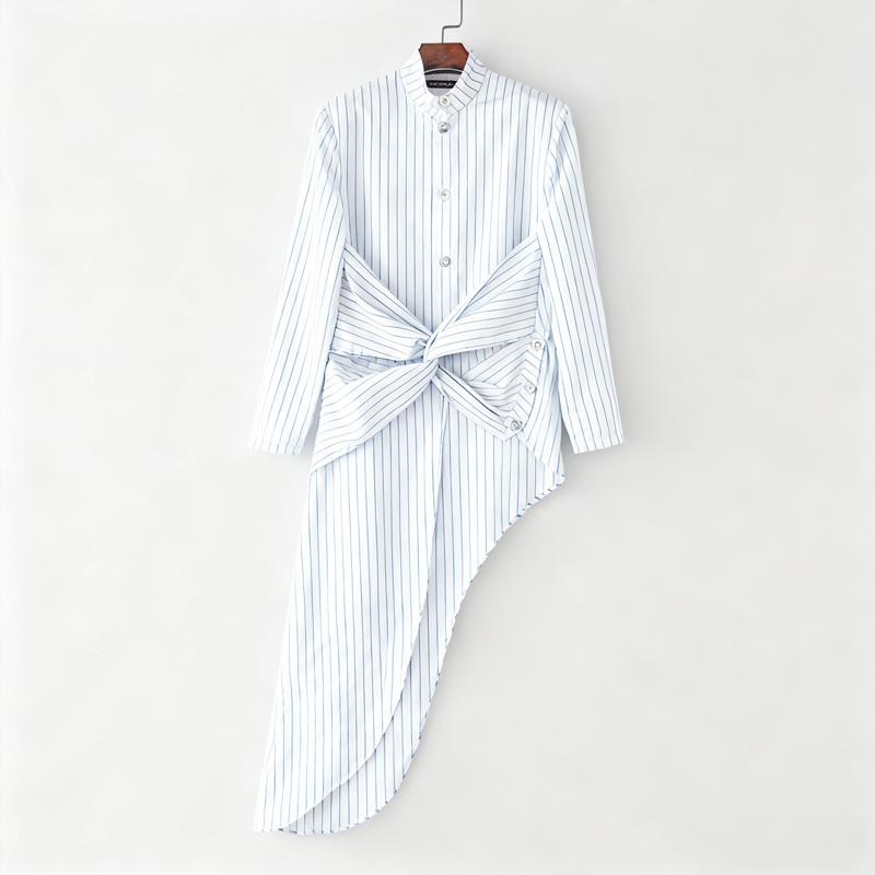 INCERUN Men Stand Neck Long Sleeve Striped Splits Irregular Hem Long Tunic Shirts Tops