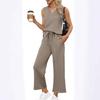 Women's Loose Fit Two Piece Outfit Sleeveless V Neck Tank Top Drawstring Waist Wide Leg Pants Tracksuit