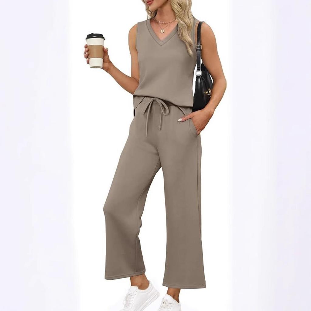 Women's Loose Fit Two Piece Outfit Sleeveless V Neck Tank Top Drawstring Waist Wide Leg Pants Tracksuit