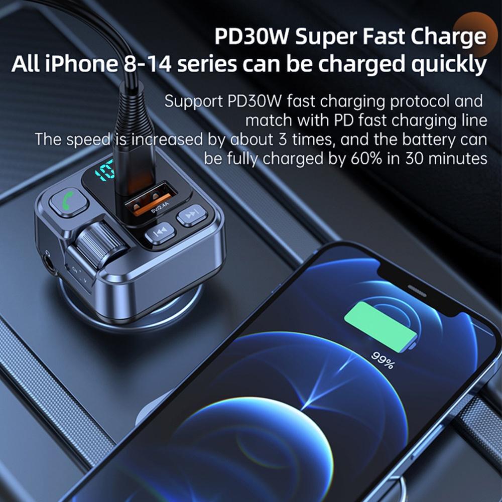 Bluetooth 5.1 FM Transmitter Car Charger 20W PD USB-C Fast Charger Car Radio with Mic for Wireless Hands Free Call MP3 Player