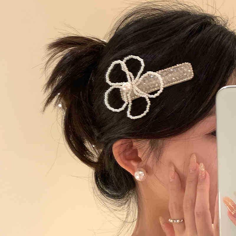 Elegant Crystal Flower Rhinestone  Pearl Hair Clip - Korean Style Sparkling Side Clip for Women