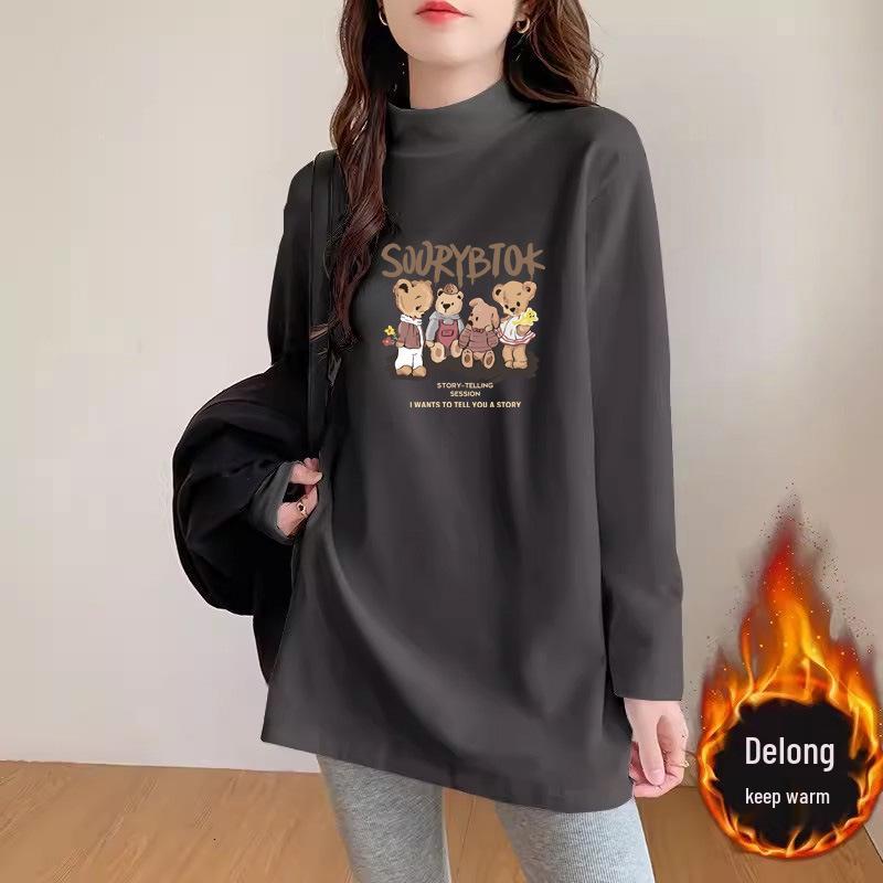 

Women s Korean Style Black Slim Fit Long Sleeve Semi-High Neck Printed T-Shirt - Warm Autumn/Winter Base Layer Large