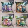Happy Campers Pillow Case Double Print Decor Cartoon House Travel Car Cushion Cover for Sofa Home Soft Plush Pillowcase