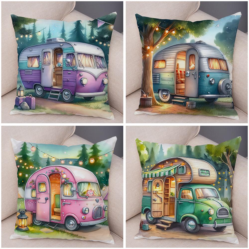 Happy Campers Pillow Case Double Print Decor Cartoon House Travel Car Cushion Cover for Sofa Home Soft Plush Pillowcase