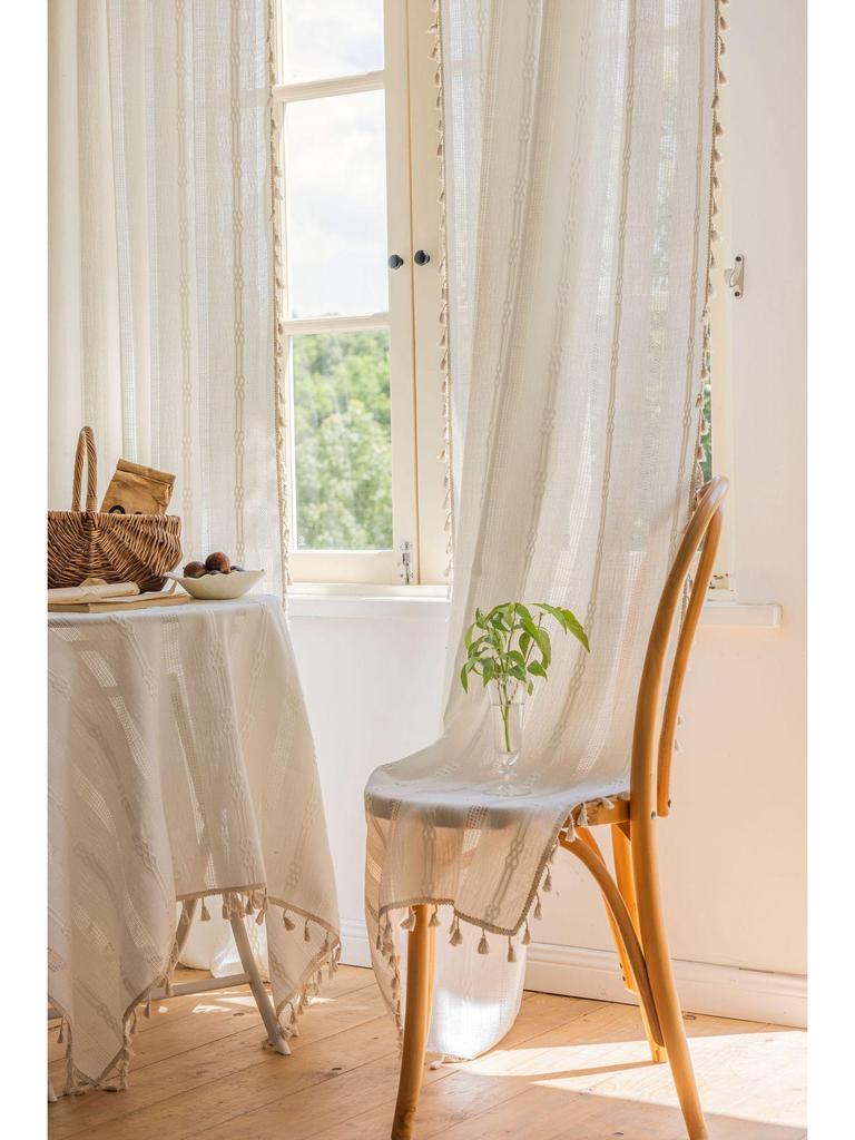 Imanqi Yun Semi-Blackout White Striped Embroidered Curtains for Kitchen & Living Room Windows