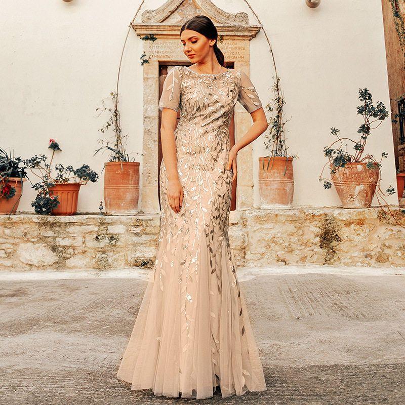 Plus-Size Bridesmaid Evening Gown with Sequins, Mesh, Mermaid Silhouette, Slim Fit, Suitable for Banquets, Performances, and Hosting, Long Dress