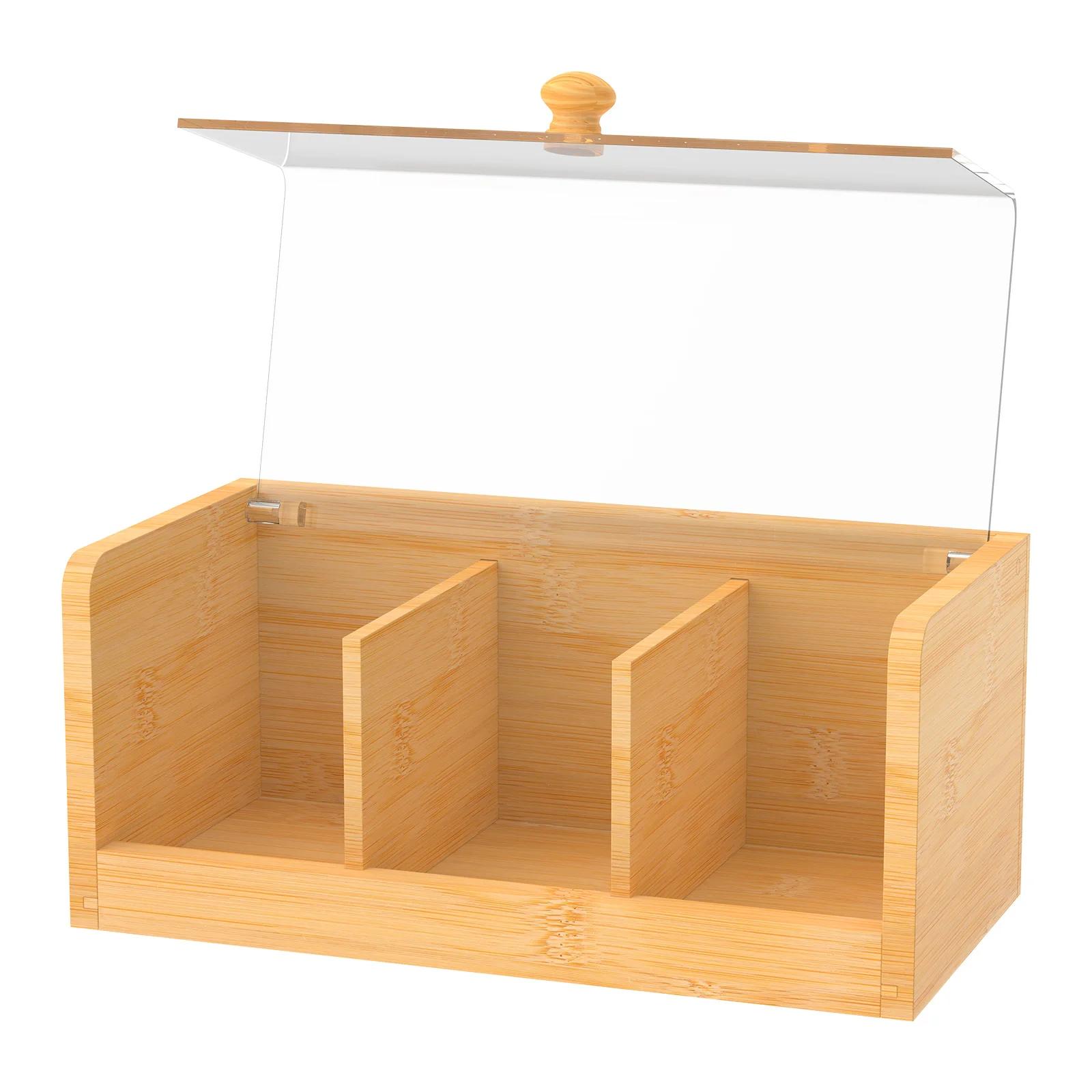 

Bamboo Tea Bag Storage Box with Clear Lid 3 Compartments Multifunctional Coffee Tea Box Organizer Sugar Container