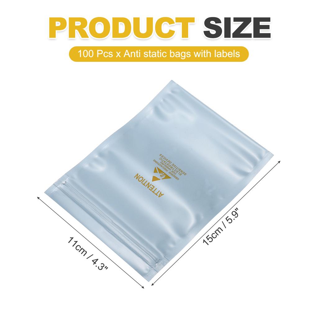 100 Pcs Anti Static Bags Resealable ESD Shielding Bag with Labels for Hard Drive HDD SSD Electronic Device Silver Gray
