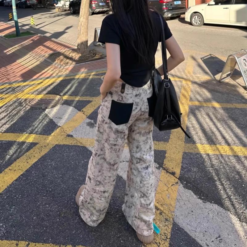 High Street Retro Tie Dye Printed Loose Wide Leg Pants for Women Autumn High Waist Straight Casual Pants Woman Elegant Fashion Ladies Trousers 25109