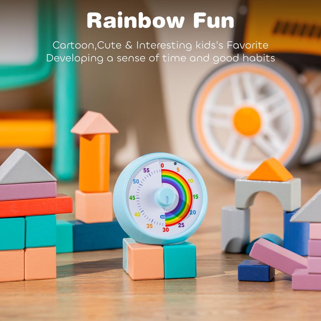 60-Minute Visual Timer for Kids, Countdown Timer for Classroom & Kitchen, Desk Timer for Study, Rainbow Print Kids Time Manager Tool (Blue)