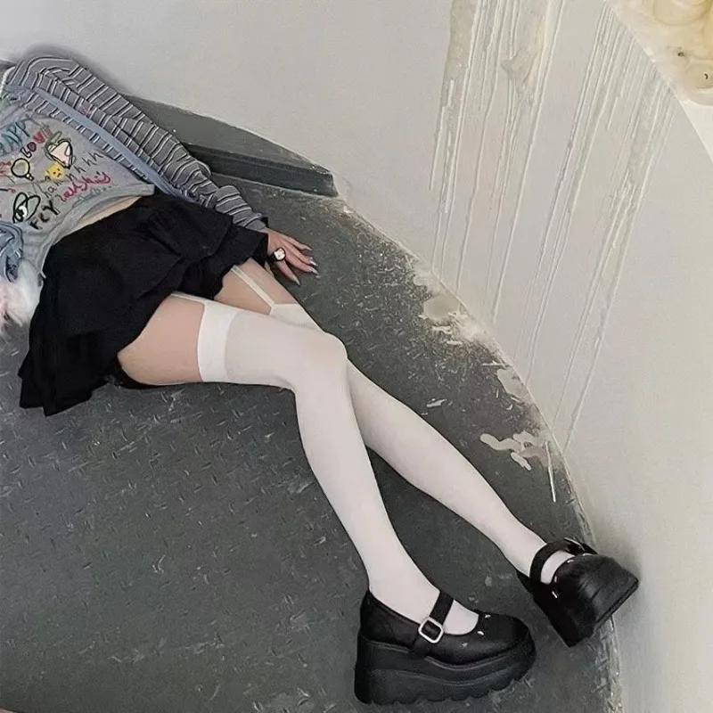 Women Suspender Wide-banded Velvet Tights Lolita Thin Thigh High Stockings with Garters College Style Over The Knee Socks