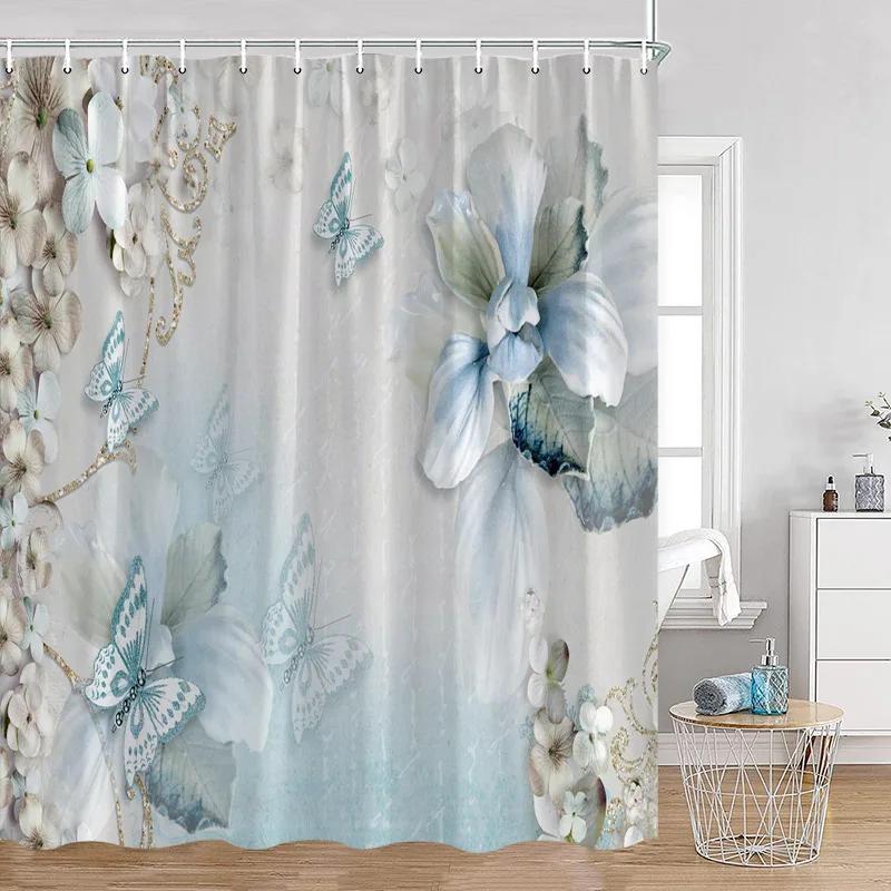 Luxury Gold White Floral Shower Curtain Rose Butterfly Cherry Blossom Modern Art Flower Polyester Fabric Bathroom Curtains Dec