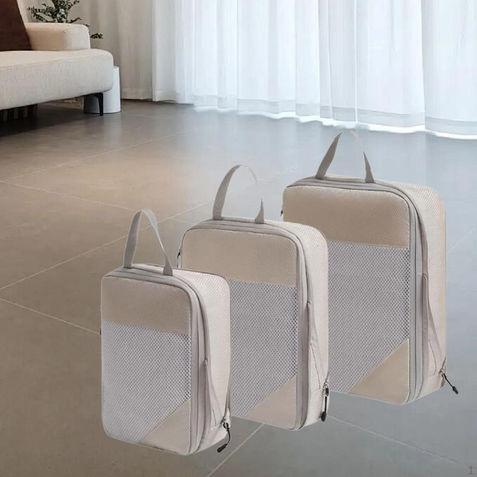 Набор из 3 компрессионных сумок для хранения упаковочных кубиков путешествий для кемпинга ежедневного использования бежевый 1698₽