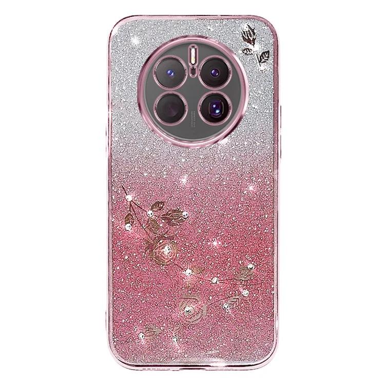 

Flower Pattern Rhinestone Decor TPU Case for Huawei Mate 50 Pro 4G, Gradient Color Glitter Powder Cell Phone Cover